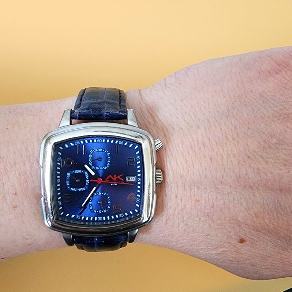 Anne Klein AK Navy Blue Day Date DOW 24-HR Red White Blue Square Face Watch main image 9